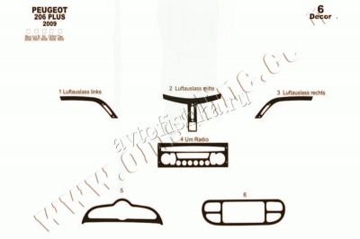 Peugeot 206 2009-2012 декоративные накладки (отделка салона) под дерево, карбон, алюминий